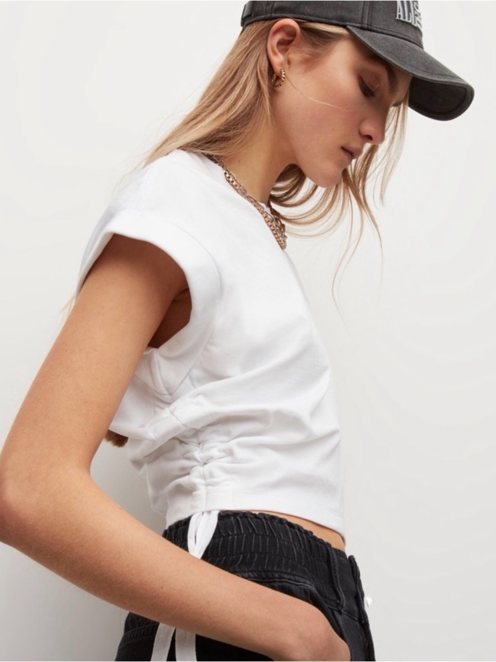 AllSaints Mira Tee in Optic White Cropped Ruched Sides Drawstring Size XS